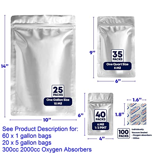 100 Mylar Bags For Food Storage - 10 mil 1 Gallon (25pc), 8 mil 1 Quart (35pc, 6 mil 1/2 Pint (40pc, Stand Up Resealable Mylar Bags With Oxygen Absorbers 300CC Packing Ziplock Sealable Milar Myler Bag