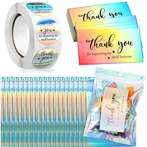 620 Pieces Thank Cards and Stickers Set Thank Gold Foil Stickers Thank for Supporting My Small Business Stickers with Resealable Packaging Bag, Suitable for Business Owners(Holographic)