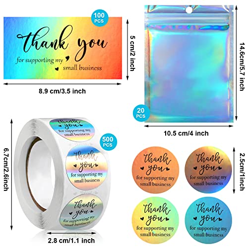 620 Pieces Thank Cards and Stickers Set Thank Gold Foil Stickers Thank for Supporting My Small Business Stickers with Resealable Packaging Bag, Suitable for Business Owners(Holographic)