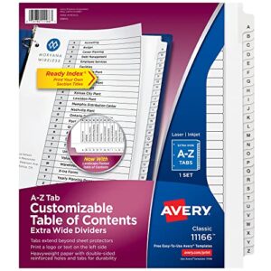 avery extra-wide 26 tab dividers for 3 ring binders, customizable table of contents, multicolor tabs, 1 set (11166)