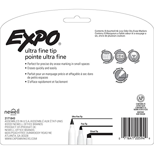 EXPO Low Odor Dry Erase Markers, Ultra-Fine Tip, Assorted Colors, 8 Pack