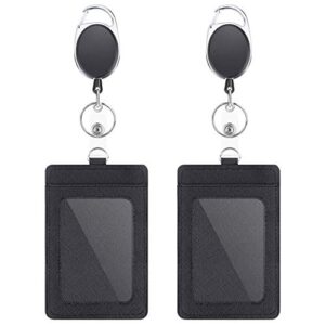 2 pack badge holders and heavy duty retractable reel clips set, vertical leather id badge holders with 1 clear id window & 2 credit card slots (black-2pcs)’)