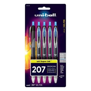 uni-ball 207 retractable gel pens, ultra micro point (0.38mm), blue, 5 count