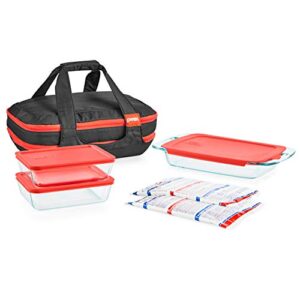 pyrex easy grab 9-piece glass baking dish set with lids and insulated carrier, glass food storage containers with insulated bag and hot/cold packs, non-toxic, bpa-free lids, bakeware set