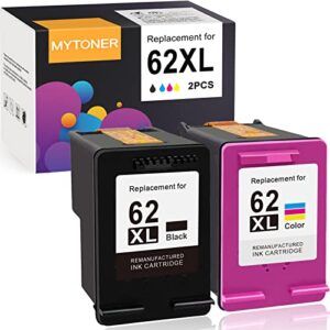 mytoner remanufactured ink cartridge replacement for hp 62xl 62 xl for officejet 250 200 envy 5660 7645 7640 5740 5540 5642 5643 5746 5745 5642 8000 5640 (black tri-color, 2-pack)