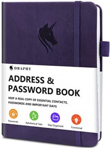 draphy address book with alphabetical tabs, elegant pu leather telephone book, hardcover address organizer and password keeper – record contacts, anniversaries, birthdays 5.2×7.7″ (purple)