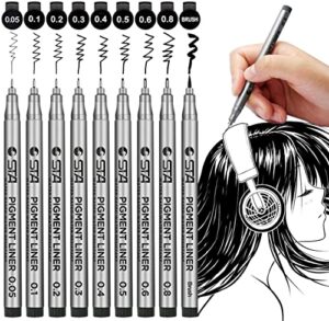precision micro-line pens, set of 9 black micro-pen fineliner ink pens, waterproof archival ink, multiliner, sketching, anime, artist illustration, technical drawing, office documents