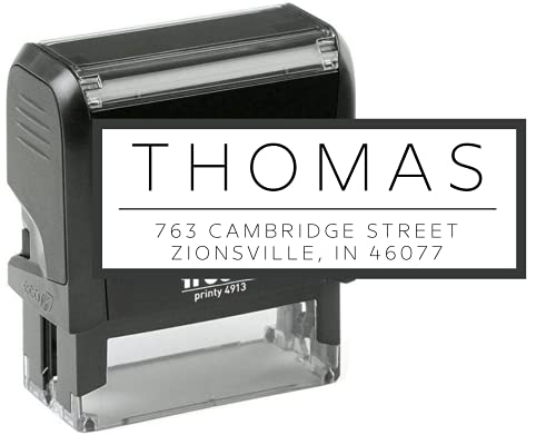 Stampi Custom Address Stamp - 3 Lines Customizable Text with 15 Graphics - Self Inking Rubber or Wood Handle Stamp - Wedding Address Stamp - Modern Return Address Stamp - 7/8 x 2 3/8 (Thomas)