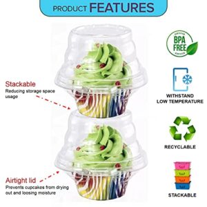 MAQ's 100 Packs Individual Cupcake Containers, Stackable Single Compartment Transparent Cupcake Boxes for Muffins, BPA Free Plastic Disposable Cupcake Carrier with Airtight Lid for Wedding