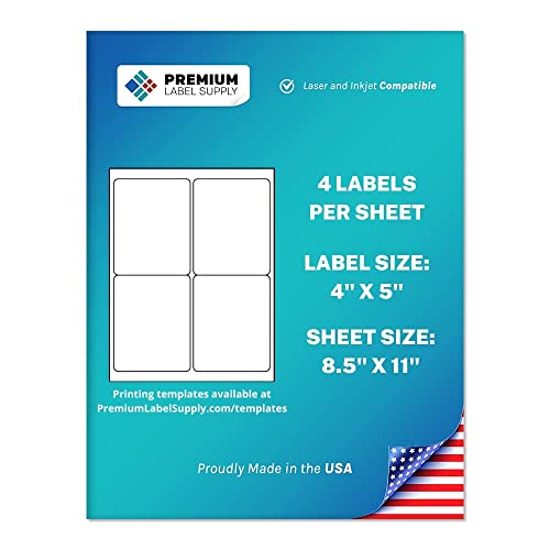 Premium Label Supply White Sticker Shipping Labels – 4" x 5" – Laser/Inkjet Compatible – (4 Labels/Sheet), 25 Sheets - 100 Total Adhesive Labels