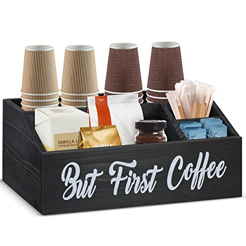 Coffee Station Organizer, Wooden Coffee Bar Bin Box, Countertop Coffee Bar Accessories Organizer, Coffee Pod Holder Storage Basket, Coffee Station Holder for Coffee Bar Decor, Coffee Lover (Black)