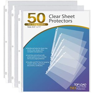 ktrio sheet protectors 8.5 x 11 inch clear page protectors for 3 ring binder, plastic sleeves for binders, top loading paper protector letter size, 50 pack