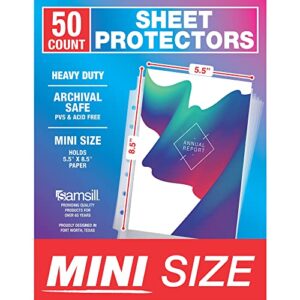 samsill mini sheet protectors 50 pack, 5.5 x 8.5 inch page protectors for mini 3 ring binder, heavy duty, clear protector sheets, 7 hole, top loading, acid free