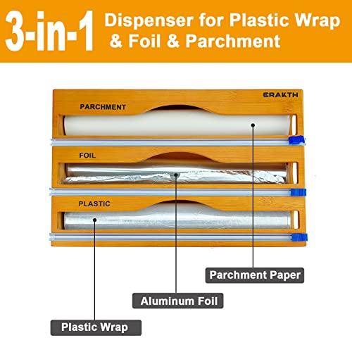 CRAKTH Bamboo Plastic Wrap Dispenser with Cutter, 3 in 1 Storage Organizer for Aluminum Foil & Cling Film & Parchment Paper