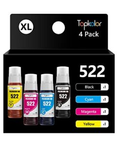 topkolor compatible ink bottle for 522 t522 refill ink for et-2720 et-2800 et-2803 et-2710 et-4700 et-4800 et-1110, 4-pack