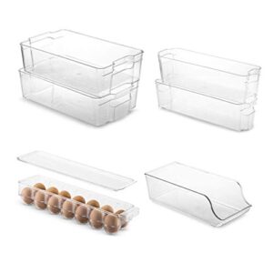 Set Of 6 Refrigerator Organizer Bins - Stackable Fridge Organizers for Freezer, Kitchen, Countertops, Cabinets - Clear Plastic Pantry Storage Racks