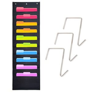 heavy duty storage pocket chart for classroom and office, 10 pockets, 3 over door hangers included, hanging wall file organizer for file folders, school mailbox, home/office papers & more (black)