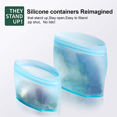 Zip Standing Reusable food container, silicone bag, 6 Pcs Zip Containers Can be used for fruit and vegetable snacks, etc. Microwave Dishwasher and Freezer Usable (blue)…