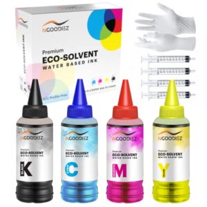 ngoodiez eco solvent ink – water based printer ink, fast drying refill ink bottle for epson ecotank, & wf series printers – ideal for htv, vinyl stickers, decals, t-shirts, mugs (1b/1c/1y/1m, 400ml)