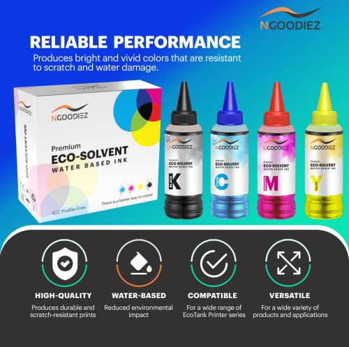 NGOODIEZ Eco Solvent Ink - Water Based Printer Ink, Fast Drying Refill Ink Bottle for Epson EcoTank, & WF Series Printers - Ideal for HTV, Vinyl Stickers, Decals, T-Shirts, Mugs (1B/1C/1Y/1M, 400ml)