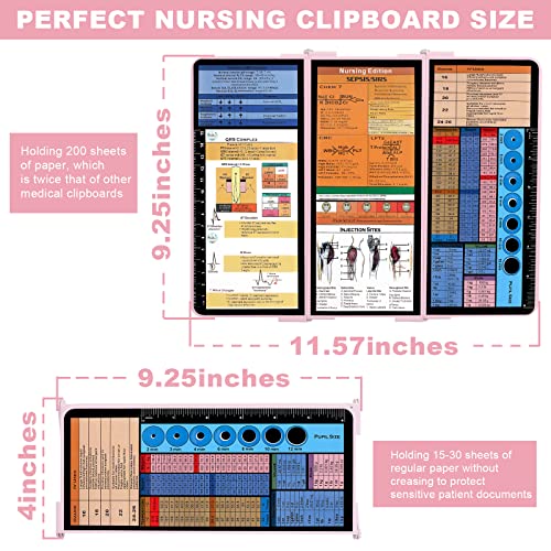 Nursing Clipboard, Nursing Clipboard Foldable with Nursing and Medical Edition Cheat Sheets 3 Layers Aluminum Foldable Clipboard Nursing Notepad for Students, Nurses, Doctors, Nursing Edition (Pink)