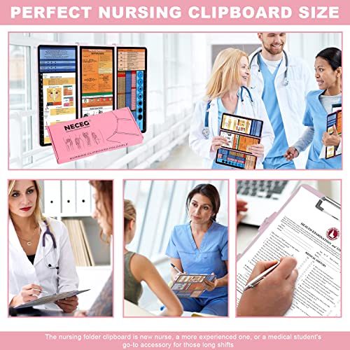 Nursing Clipboard, Nursing Clipboard Foldable with Nursing and Medical Edition Cheat Sheets 3 Layers Aluminum Foldable Clipboard Nursing Notepad for Students, Nurses, Doctors, Nursing Edition (Pink)