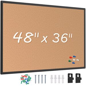 board2by cork board bulletin board 48 x 36, black aluminium framed 4×3 corkboard, office board for wall cork, large wall mounted notice pin board with 18 push pins for school, home & office