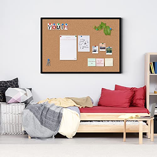 Board2by Cork Board Bulletin Board 48 x 36, Black Aluminium Framed 4x3 Corkboard, Office Board for Wall Cork, Large Wall Mounted Notice Pin Board with 18 Push Pins for School, Home & Office