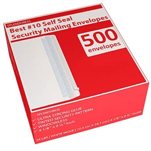 #10 envelopes letter size self seal, business white security tinted peel and seal, 500 pack windowless, legal size regular plain envelopes 4-1/8 x 9-1/2 inches – 24 lb envelops