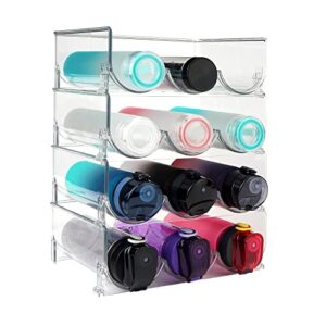 stackable water bottle organizer for cabinet, pantry, freezer – plastic free-standing water bottle and wine rack storage organizer for kitchen countertops, fridge – holds 3 bottles each (4 pack)