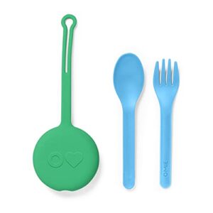 omiebox kids utensils set with case – 2 piece plastic, reusable fork and spoon silverware with pod for kids, travel, lunch boxes – (mint green)