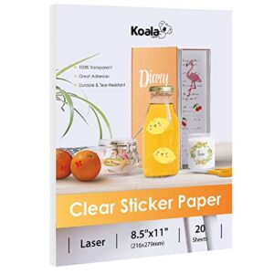 koala printable clear sticker paper – only for laser printer – 8.5×11 inch 20 sheets full sheet 100% transparent label paper for diy personalized decals, labels