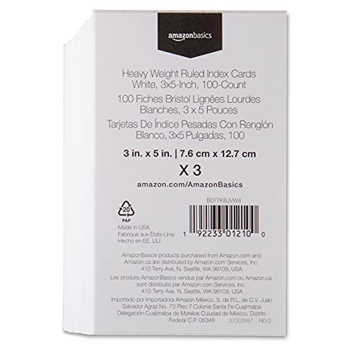 Amazon Basics Heavy Weight Ruled Lined Index Cards, White, 3x5 Inch Card, 300-Count