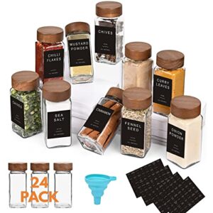yangbaga 24pcs glass spice jars with labels，4oz empty square spice bottles with acacia wood lid & shaker lids and silicone collapsible funnel included