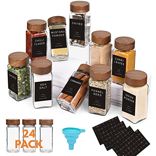 Yangbaga 24Pcs Glass Spice Jars with Labels，4oz Empty Square Spice Bottles with acacia wood lid & Shaker Lids and Silicone Collapsible Funnel Included