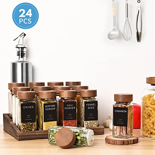 Yangbaga 24Pcs Glass Spice Jars with Labels，4oz Empty Square Spice Bottles with acacia wood lid & Shaker Lids and Silicone Collapsible Funnel Included