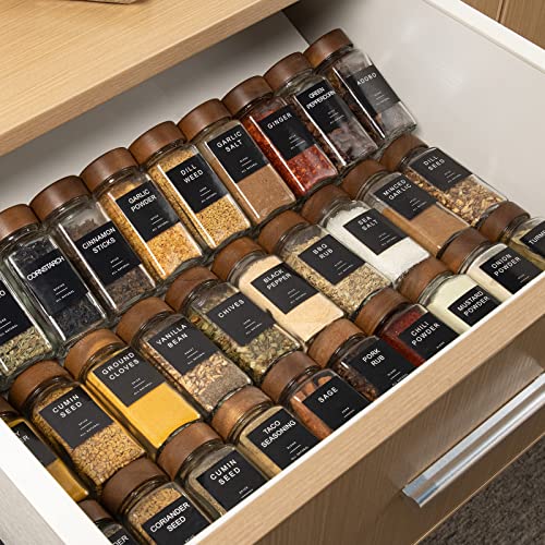 Yangbaga 24Pcs Glass Spice Jars with Labels，4oz Empty Square Spice Bottles with acacia wood lid & Shaker Lids and Silicone Collapsible Funnel Included