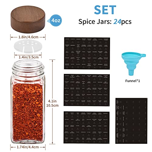 Yangbaga 24Pcs Glass Spice Jars with Labels，4oz Empty Square Spice Bottles with acacia wood lid & Shaker Lids and Silicone Collapsible Funnel Included