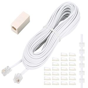 uvital phone extension cord 33 ft, telephone cable with standard rj11 plug and 1 in-line couplers and 20 cable clip holders, white