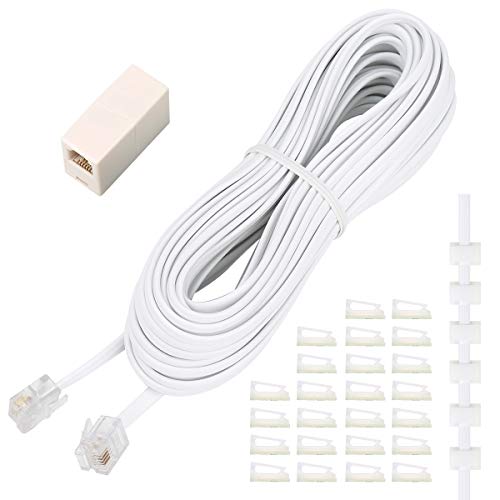 Uvital Phone Extension Cord 33 Ft, Telephone Cable with Standard RJ11 Plug and 1 in-Line Couplers and 20 Cable Clip Holders, White