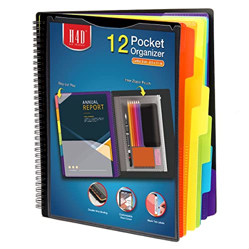 H4D 12 Pocket Poly Project Organizer, Spiral Multi Pocket Folder Organizer with Pockets, Multi-Subject Folder Notebook, Letter Size