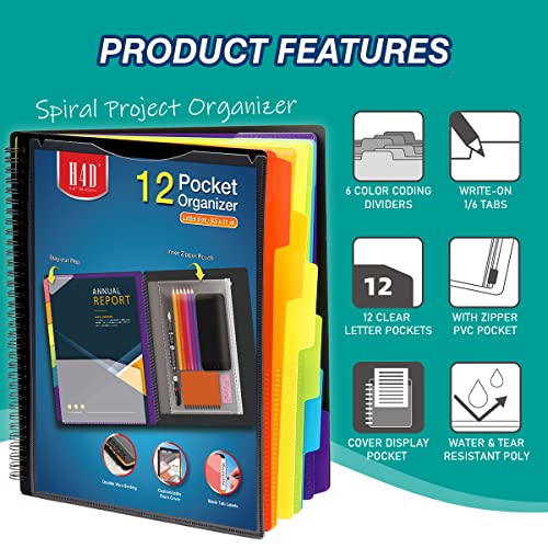 H4D 12 Pocket Poly Project Organizer, Spiral Multi Pocket Folder Organizer with Pockets, Multi-Subject Folder Notebook, Letter Size
