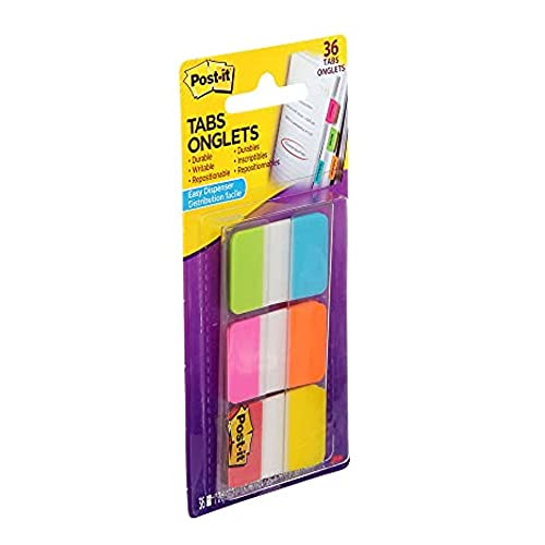 Post-it Tabs, 1 in Solid, Aqua, Yellow, Pink, Red, Green, Orange, 6/Color, 36/Dispenser (686-ALOPRYT)