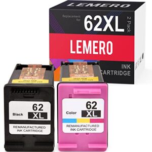 lemero 62xl remanufactured ink cartridges replacement for hp 62 xl 62xl black and color for envy 5660 7645 7640 5642 5643 5640 officejet 250 5740 200 5746 5745 (black, tri-color, 2-pack)