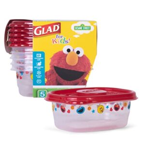 glad for kids sesame street gladware small lunch square food storage containers with lids | 9 oz kids food containers with sesame street design, 5 count | tight seal food storage containers for food