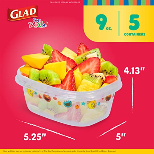 Glad for Kids Sesame Street GladWare Small Lunch Square Food Storage Containers with Lids | 9 oz Kids Food Containers with Sesame Street Design, 5 Count | Tight Seal Food Storage Containers for Food