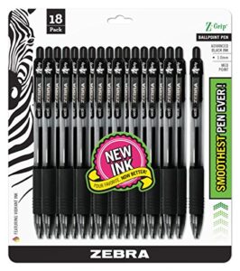 zebra pen z-grip retractable ballpoint pen, medium point, 1.0mm, black ink, – 18 count (pack of 1), model number: 22218