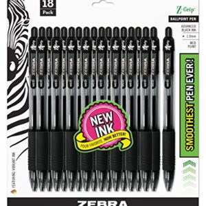 Zebra Pen Z-Grip Retractable Ballpoint Pen, Medium Point, 1.0mm, Black Ink, - 18 Count (Pack of 1), Model Number: 22218