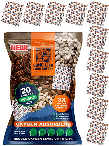 2000cc Oxygen Absorbers For Food Storage (20 Packets - Individually Vacuum Sealed) | 3x Oxygen Absorbing Capacity | Extends Shelf Life & Retains Flavor - 4.3 in x 3.1 in