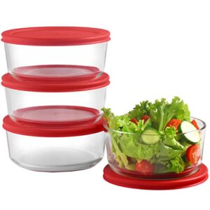 bovado glass 4 cup food storage containers with red airtight lids 30oz/4 cup/1 quart (set of 4) | freezer-to-oven safe bowls for meal prep, leftovers, baking, cooking & lunch | bpa-free kitchen items